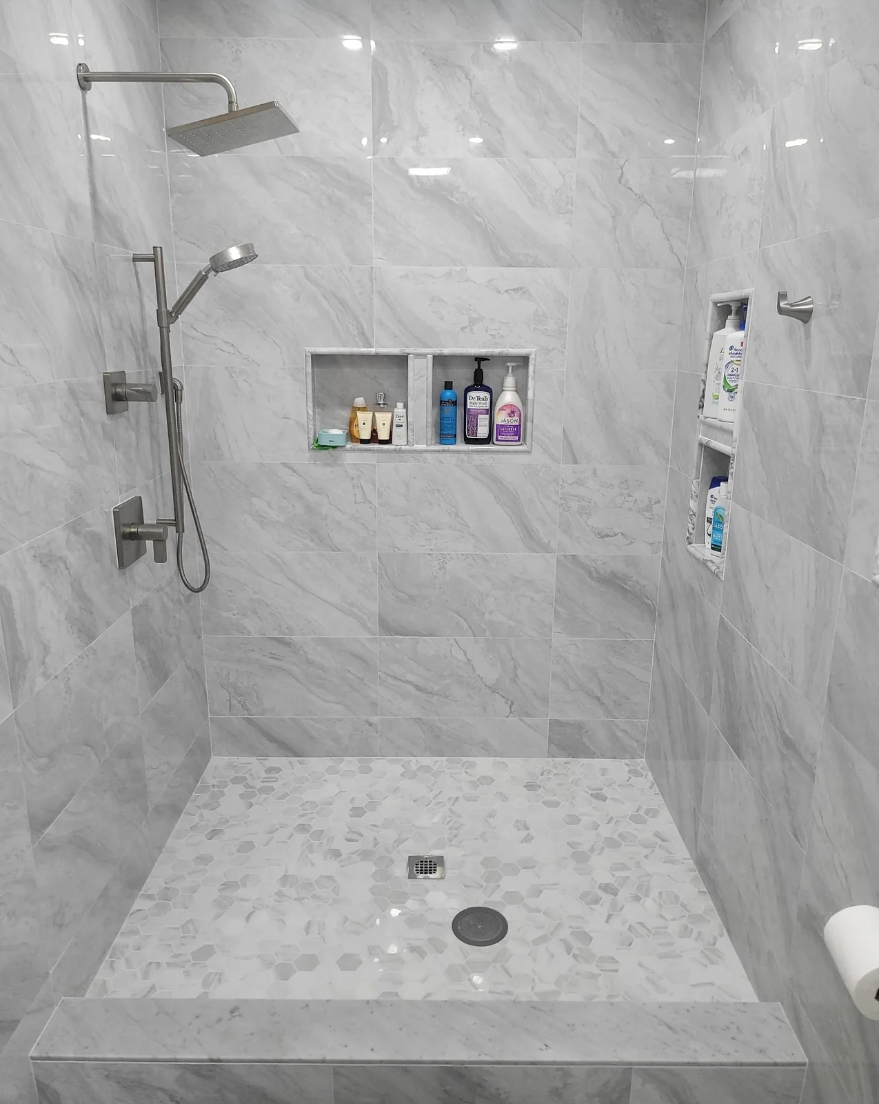 Walk-in shower with hex mosaic floor in a Bergen County NJ remodel