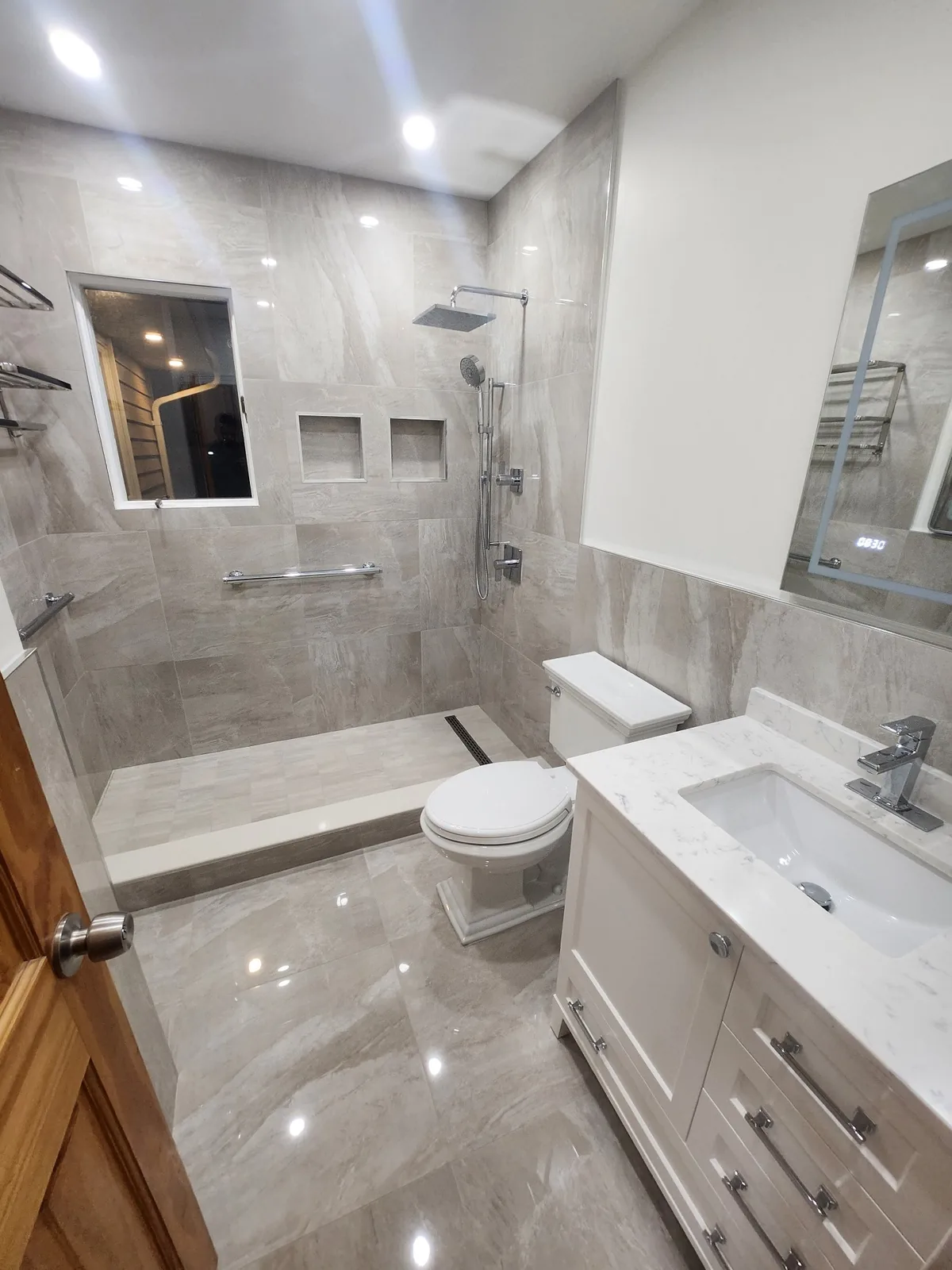Walk-in shower bathroom remodel with porcelain tile in Bergen County NJ