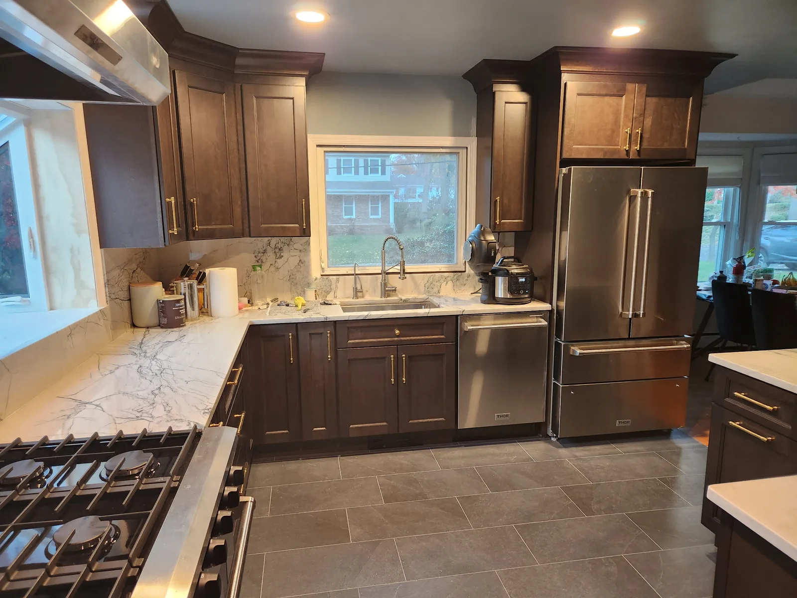 Bright white kitchen remodel with farmhouse sink in Bergen County NJ